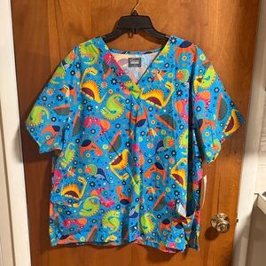 Butter-Soft Originals Multicolor Dinosaur Print Scrub Top